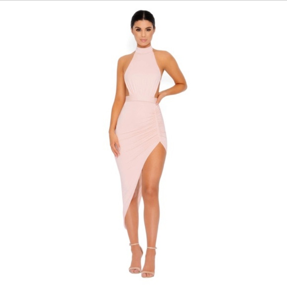 Oh Polly Halter Ruche ThighSlit Dress Blush